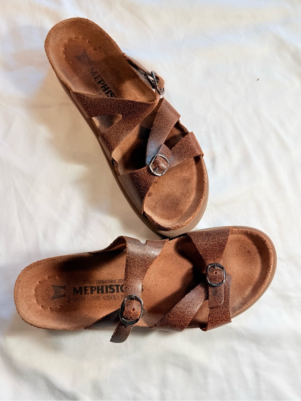 Mephisto Women's Brown Leather Comfort Strappy Buckle Cork Footbed Sandals Size